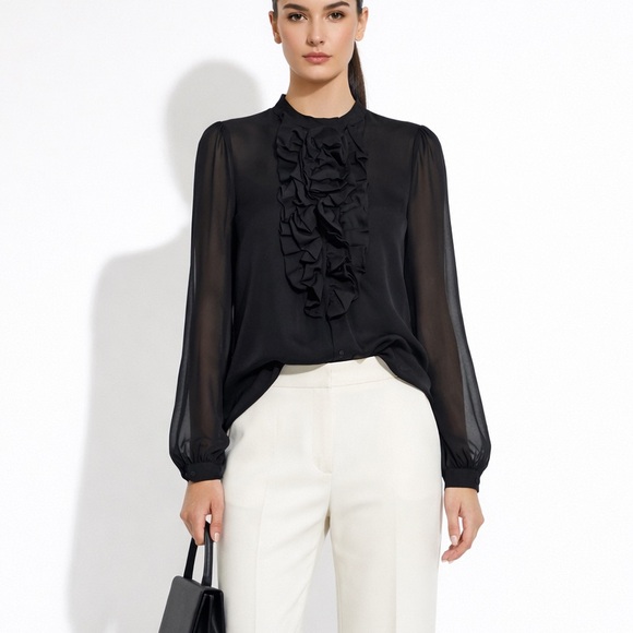 Sandra Angelozzi Tops - sandra angelozzi Black Silk Ruffle Blouse Large Sheer Long Sleeve Feminine Top